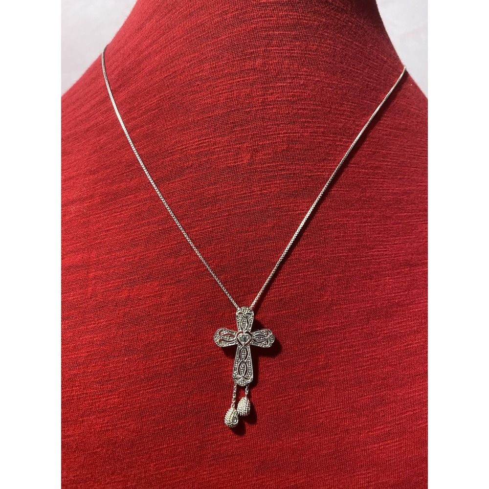 Vintage 925 Italy Art Deco Cross Filigree Pendant Necklace Block Chain 18" SGW